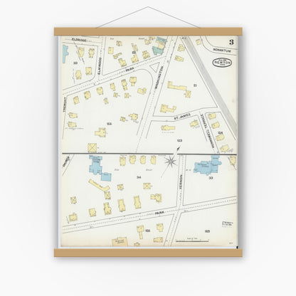 Old map wall art mockup — magnetic wood frame on white wall — Sanborn Fire Insurance Map from Newton, Middlesex County, Massachusetts (1892), Sheet #0003