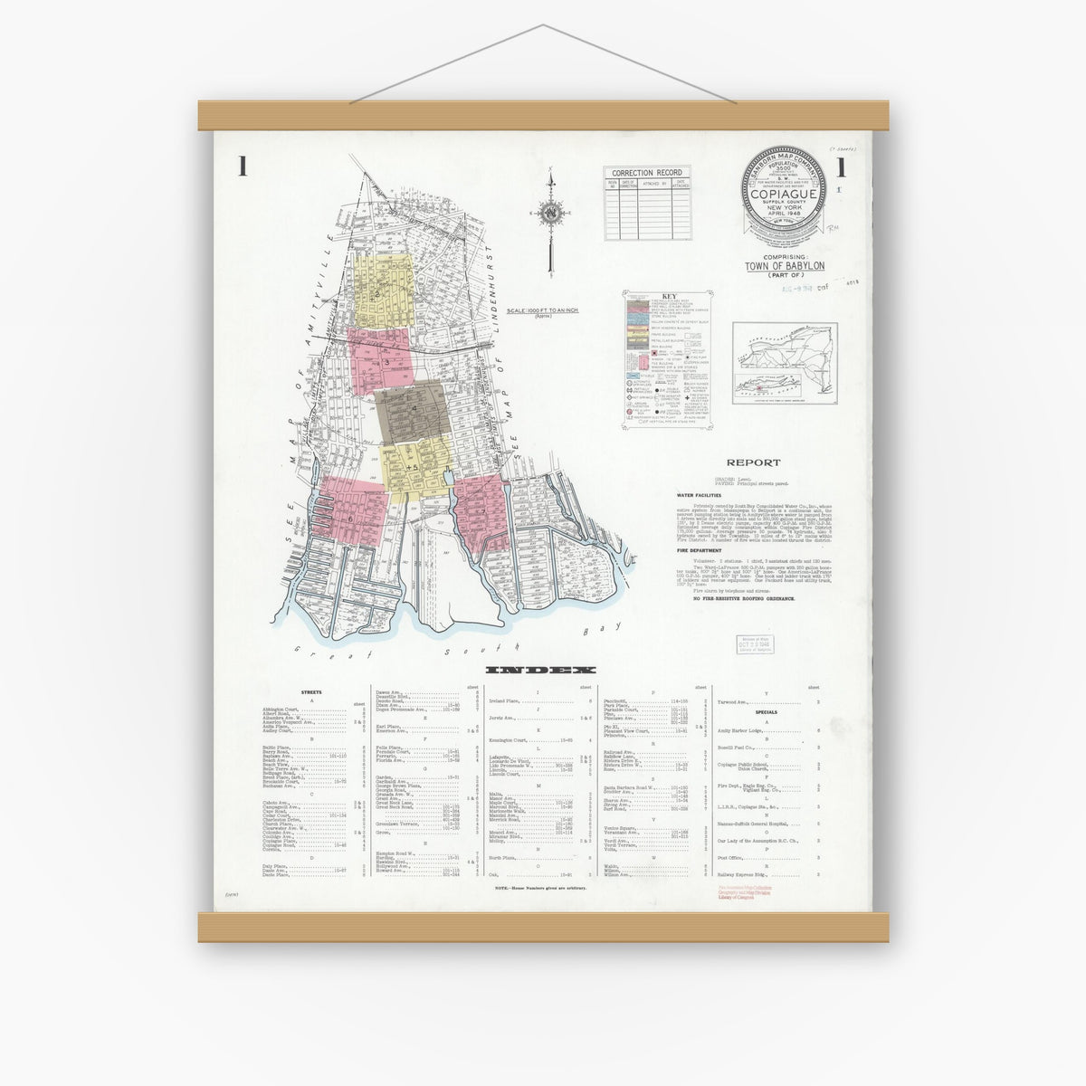 Old map wall art mockup — magnetic wood frame on white wall — Sanborn Fire Insurance Map from Copiague, Suffolk County, New York (1948) - Complete Map Set