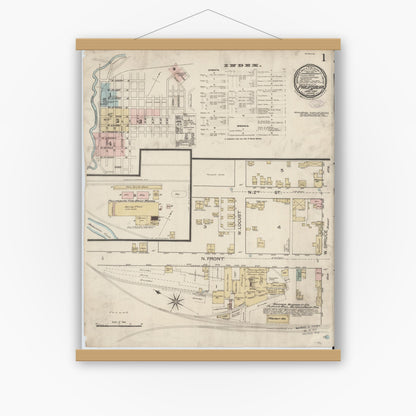 Old map wall art mockup — magnetic wood frame on white wall — Sanborn Fire Insurance Map from Philipsburg, Centre County, Pennsylvania (1887), Sheet #0001