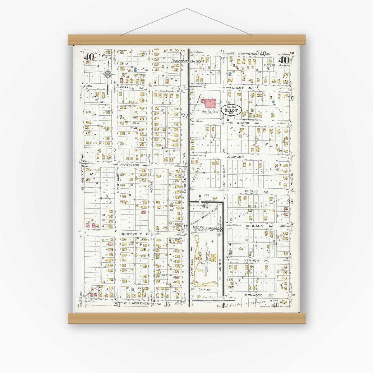 Old map wall art mockup — magnetic wood frame on white wall — Sanborn Fire Insurance Map from Beloit, Rock County, Wisconsin (1926), Sheet #0040