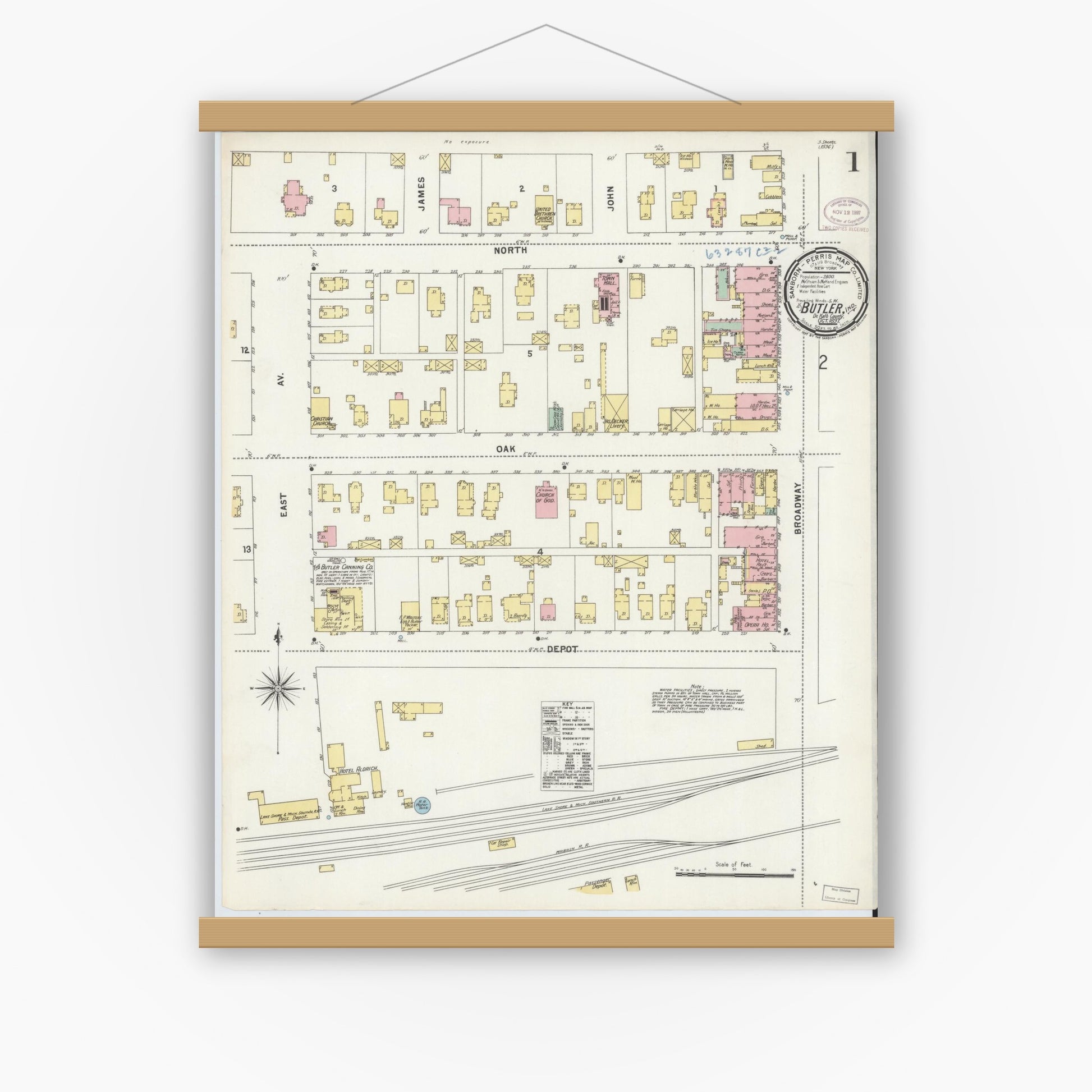 Old map wall art mockup — magnetic wood frame on white wall — Sanborn Fire Insurance Map from Butler, De Kalb County, Indiana (1897) - Complete Map Set
