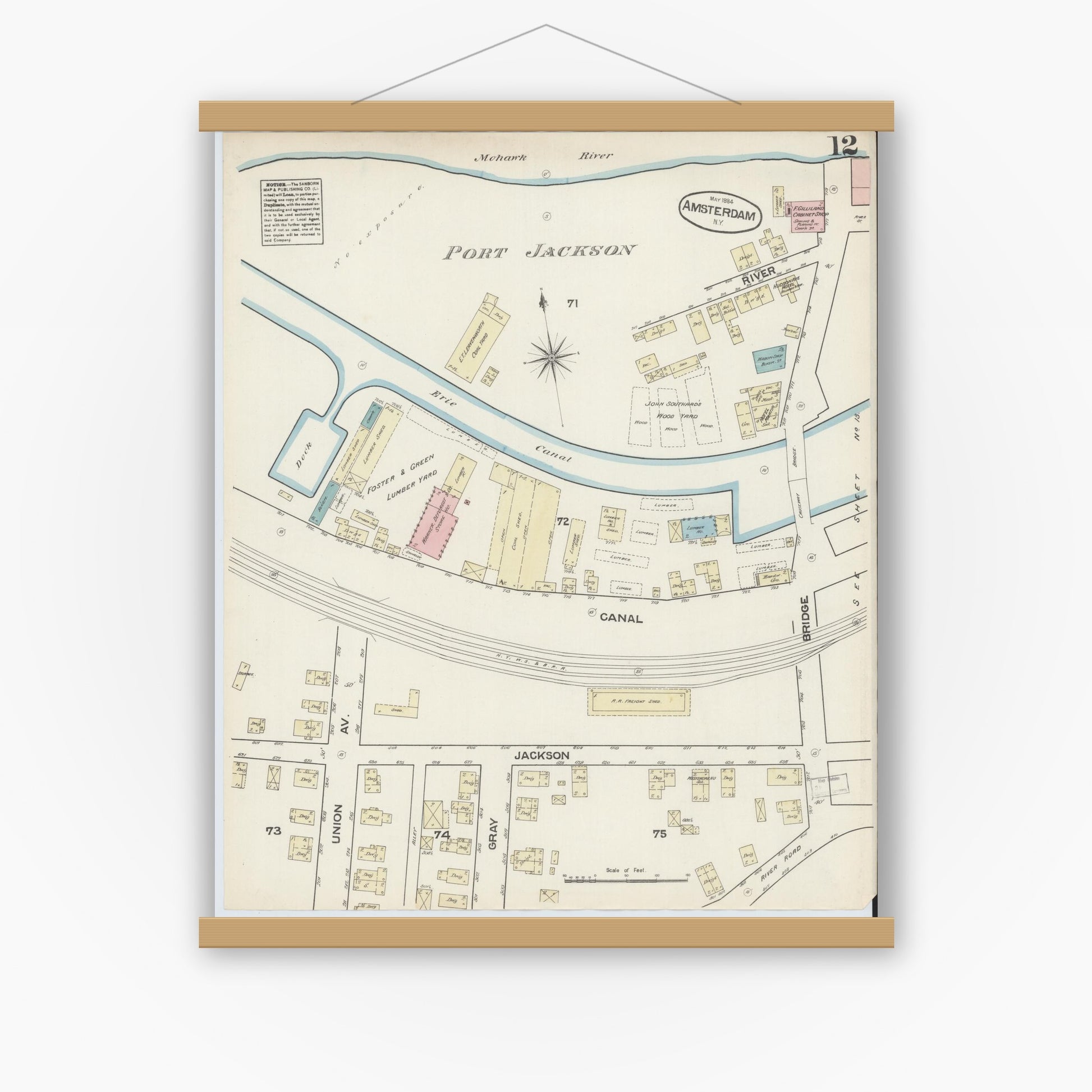 Old map wall art mockup — magnetic wood frame on white wall — Sanborn Fire Insurance Map from Amsterdam, Montgomery County, New York (1884), Sheet #0012