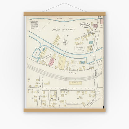 Old map wall art mockup — magnetic wood frame on white wall — Sanborn Fire Insurance Map from Amsterdam, Montgomery County, New York (1884), Sheet #0012