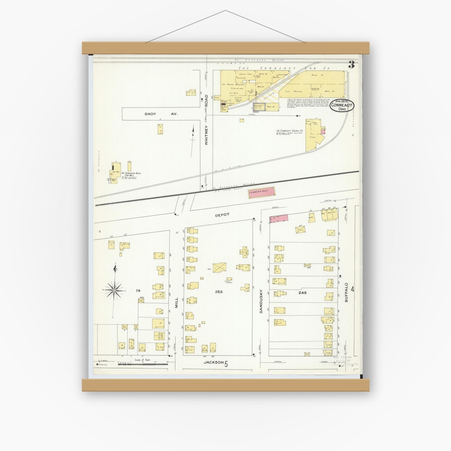 Old map wall art mockup — magnetic wood frame on white wall — Sanborn Fire Insurance Map from Conneaut, Ashtabula County, Ohio (1909), Sheet #0003