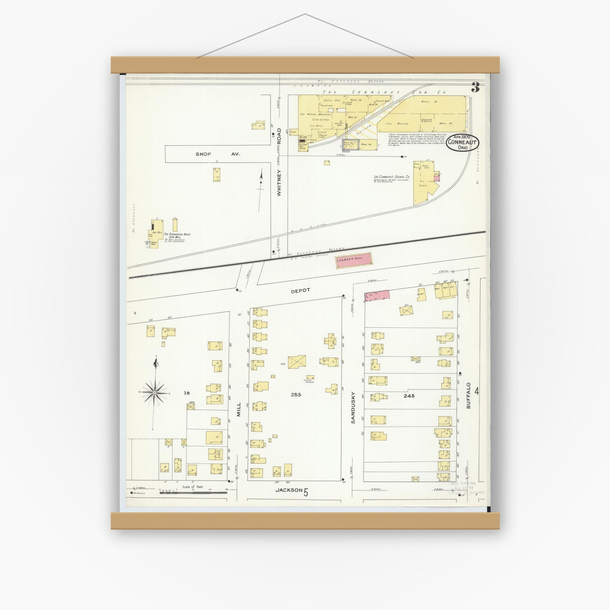 Old map wall art mockup — magnetic wood frame on white wall — Sanborn Fire Insurance Map from Conneaut, Ashtabula County, Ohio (1909), Sheet #0003