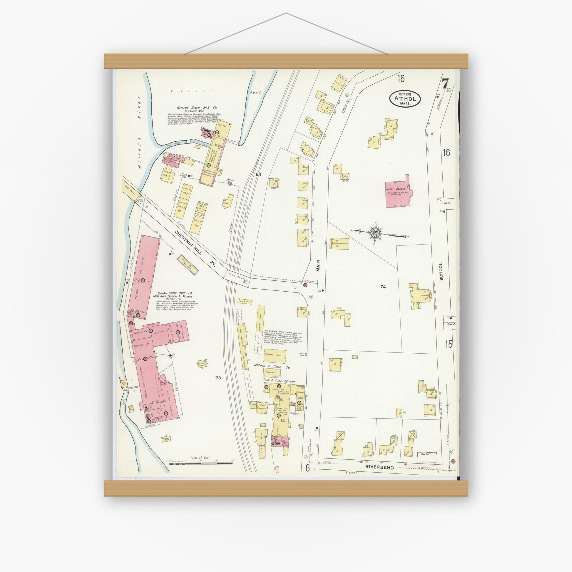 Old map wall art mockup — magnetic wood frame on white wall — Sanborn Fire Insurance Map from Athol, Worcester County, Massachusetts (1911), Sheet #0007