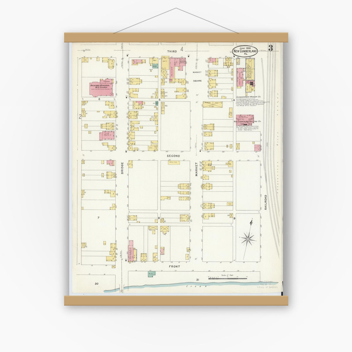 Old map wall art mockup — magnetic wood frame on white wall — Sanborn Fire Insurance Map from New Cumberland, Cumberland County, Pennsylvania (1908), Sheet #0003