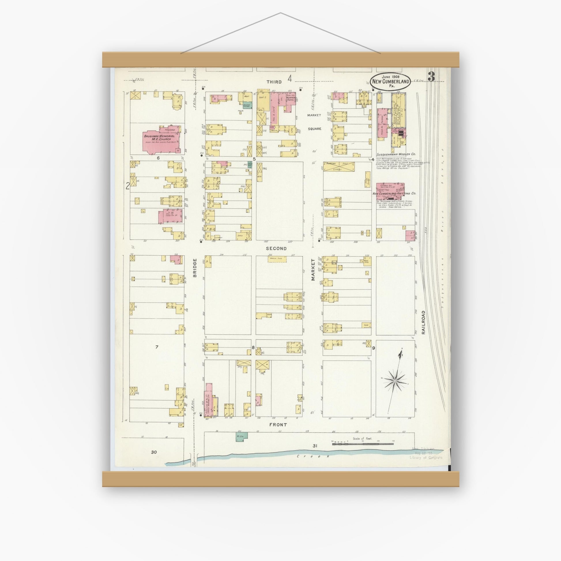 Old map wall art mockup — magnetic wood frame on white wall — Sanborn Fire Insurance Map from New Cumberland, Cumberland County, Pennsylvania (1908), Sheet #0003