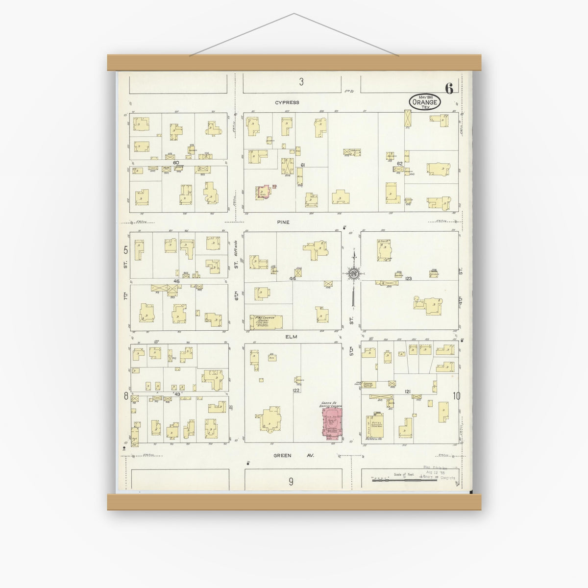 Old map wall art mockup — magnetic wood frame on white wall — Sanborn Fire Insurance Map from Orange, Orange County, Texas (1914), Sheet #0006