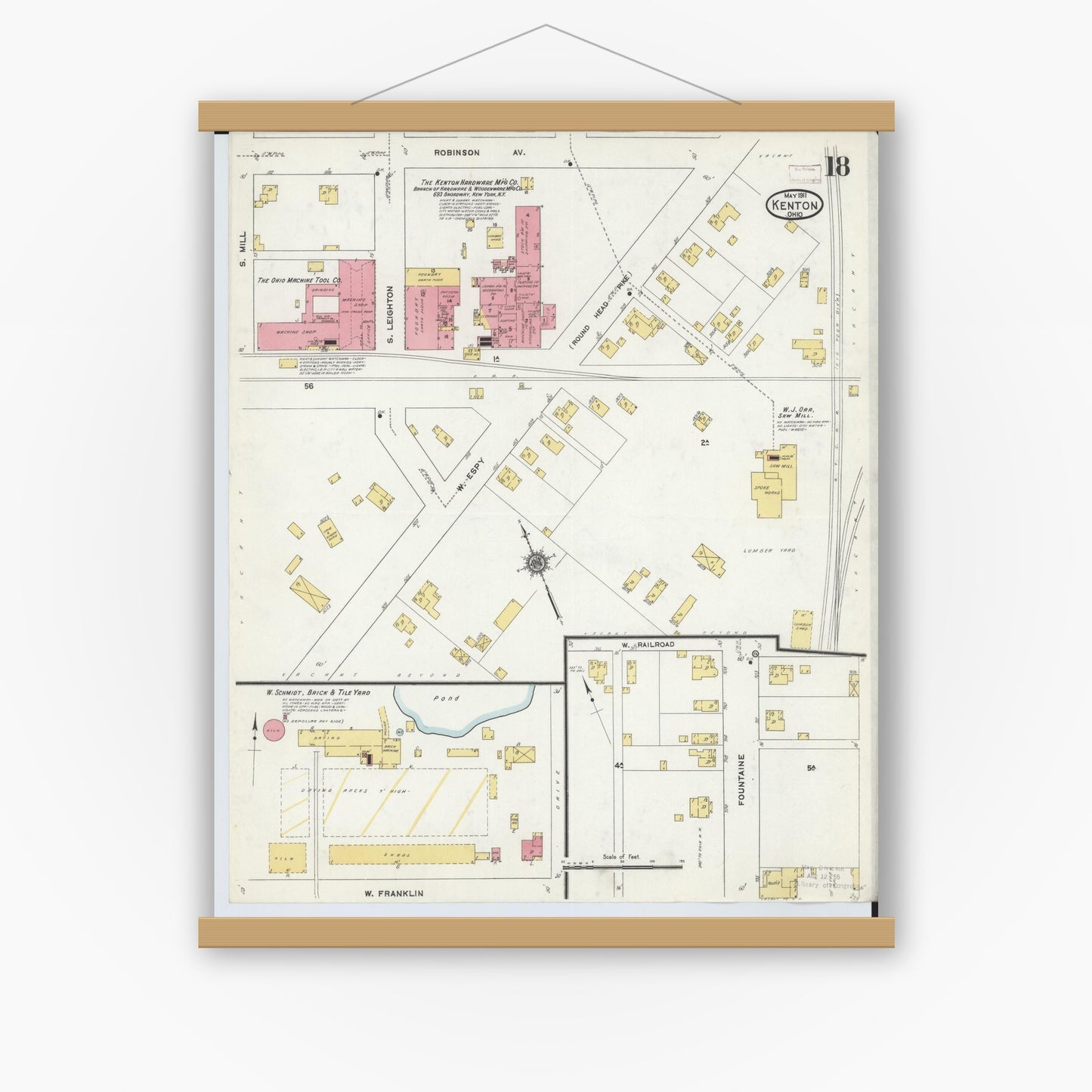 Old map wall art mockup — magnetic wood frame on white wall — Sanborn Fire Insurance Map from Kenton, Hardin County, Ohio (1911), Sheet #0018
