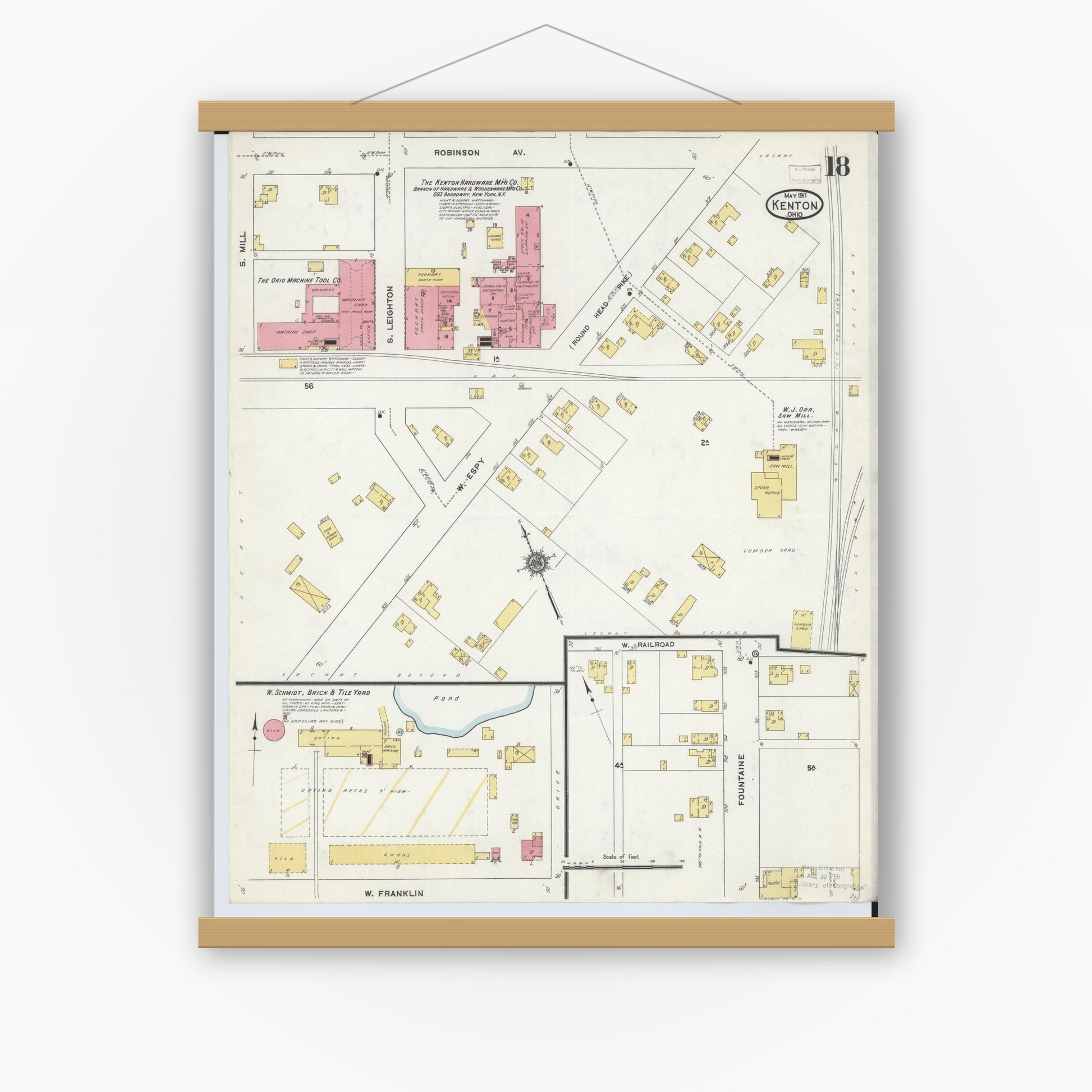 Old map wall art mockup — magnetic wood frame on white wall — Sanborn Fire Insurance Map from Kenton, Hardin County, Ohio (1911), Sheet #0018