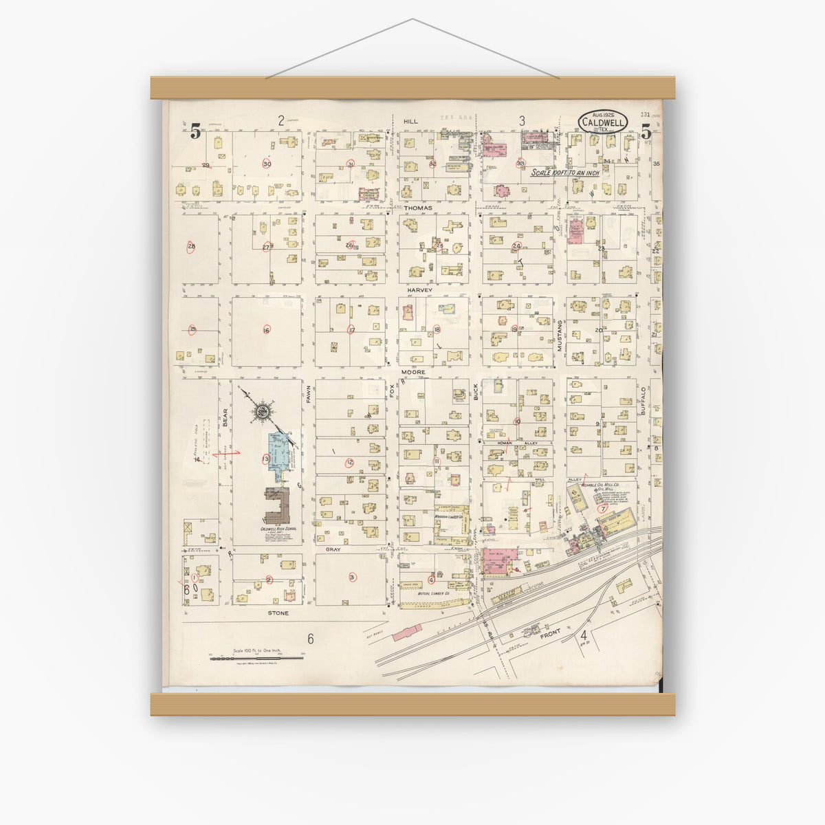 Old map wall art mockup — magnetic wood frame on white wall — Sanborn Fire Insurance Map from Caldwell, Burleson County, Texas (1943), Sheet #0005