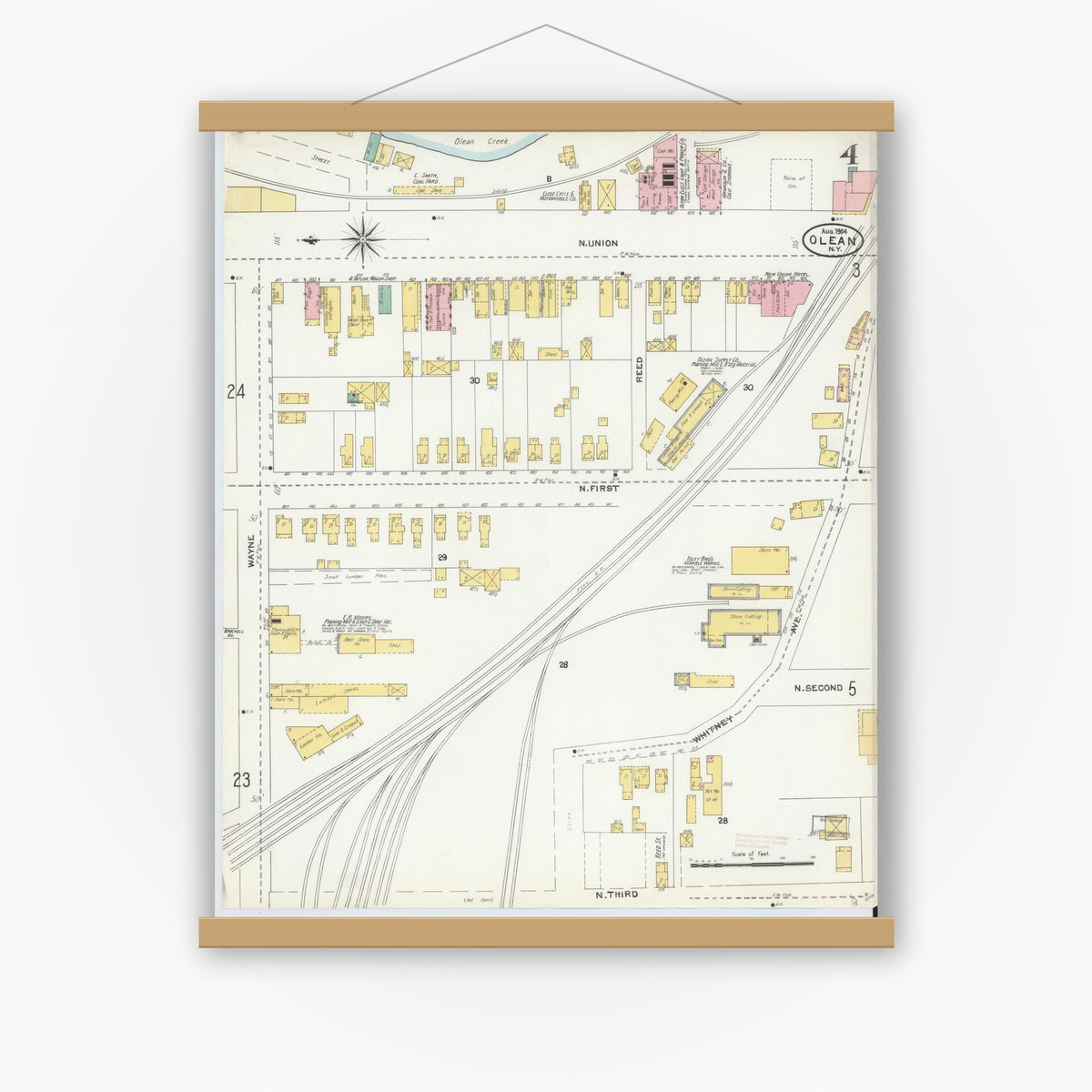 Old map wall art mockup — magnetic wood frame on white wall — Sanborn Fire Insurance Map from Olean, Cattaraugus County, New York (1904), Sheet #0004