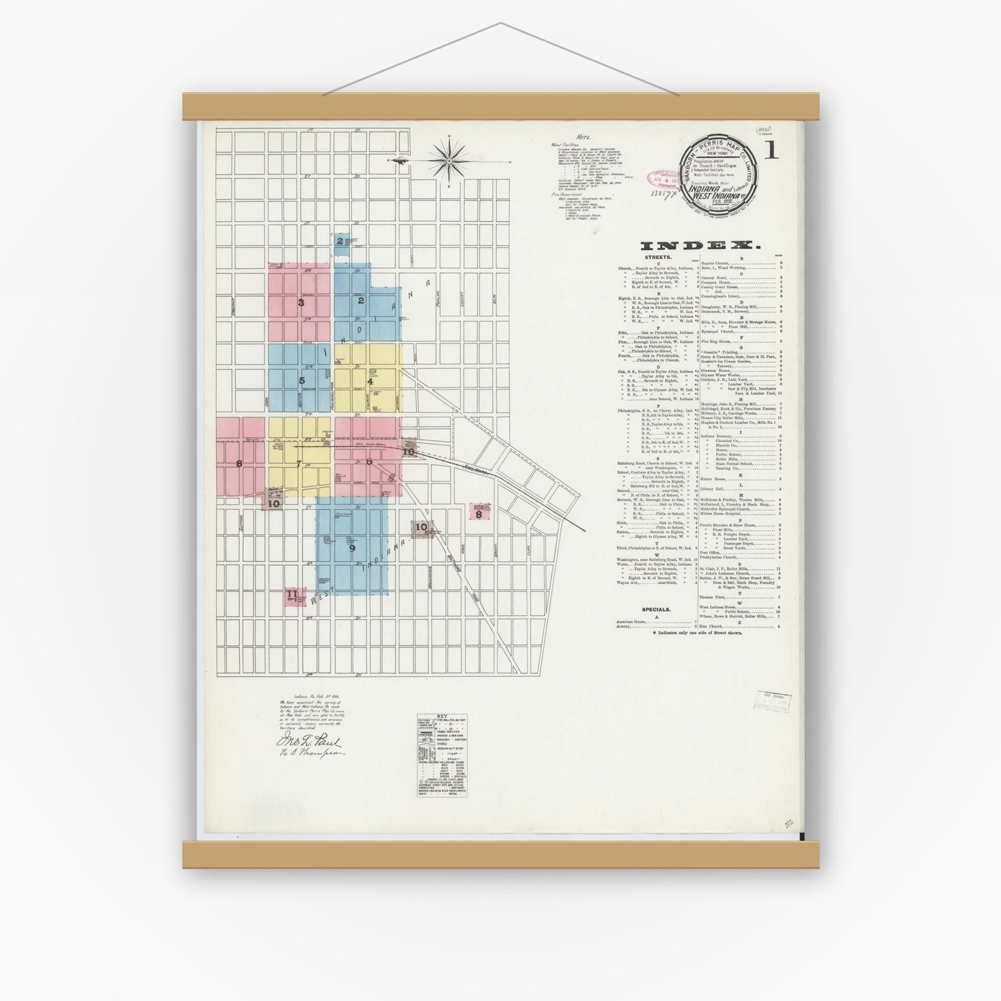 Old map wall art mockup — magnetic wood frame on white wall — Sanborn Fire Insurance Map from Indiana, Indiana County, Pennsylvania (1892), Sheet #0001