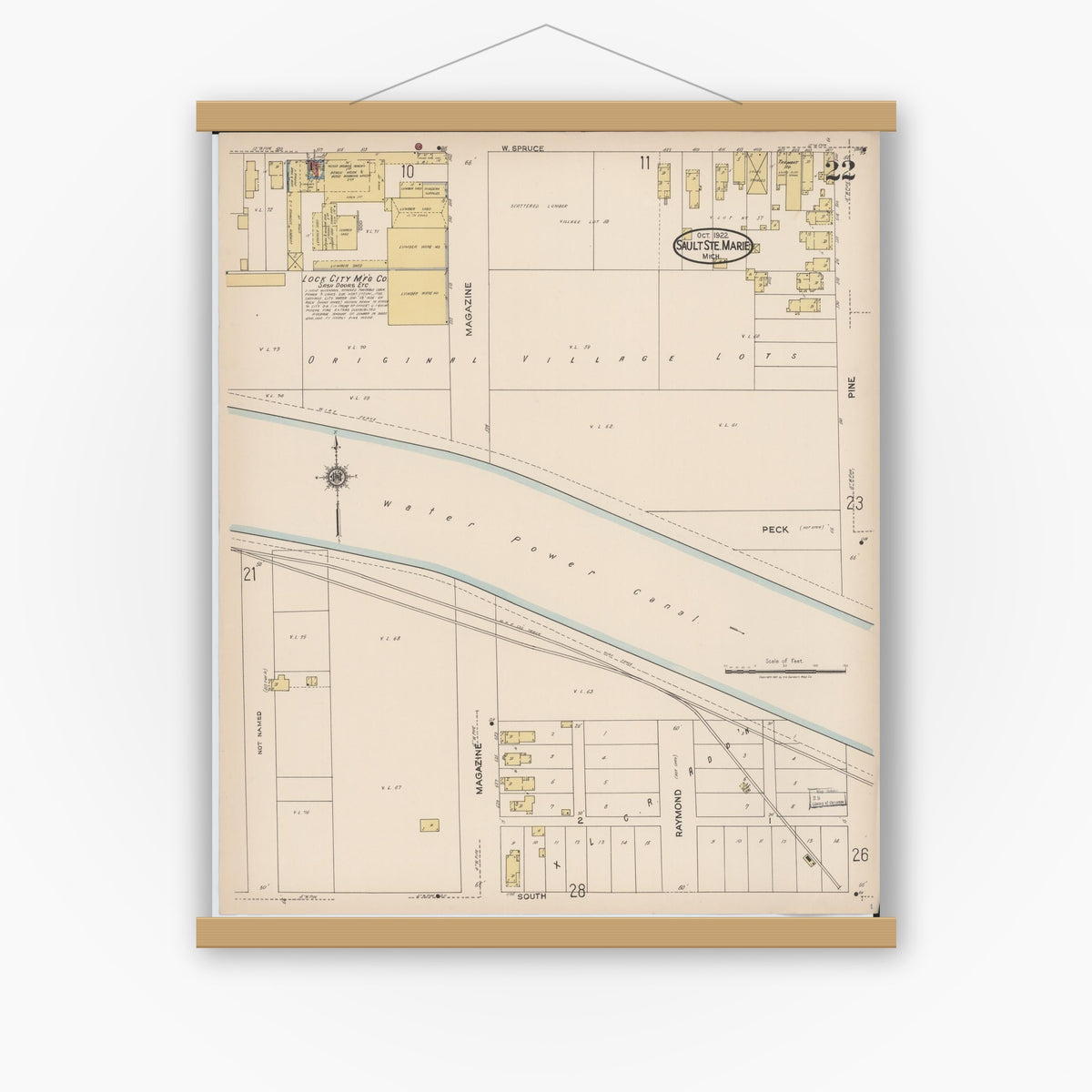 Old map wall art mockup — magnetic wood frame on white wall — Sanborn Fire Insurance Map from Sault Sainte Marie, Chippewa County, Michigan (1922), Sheet #0022