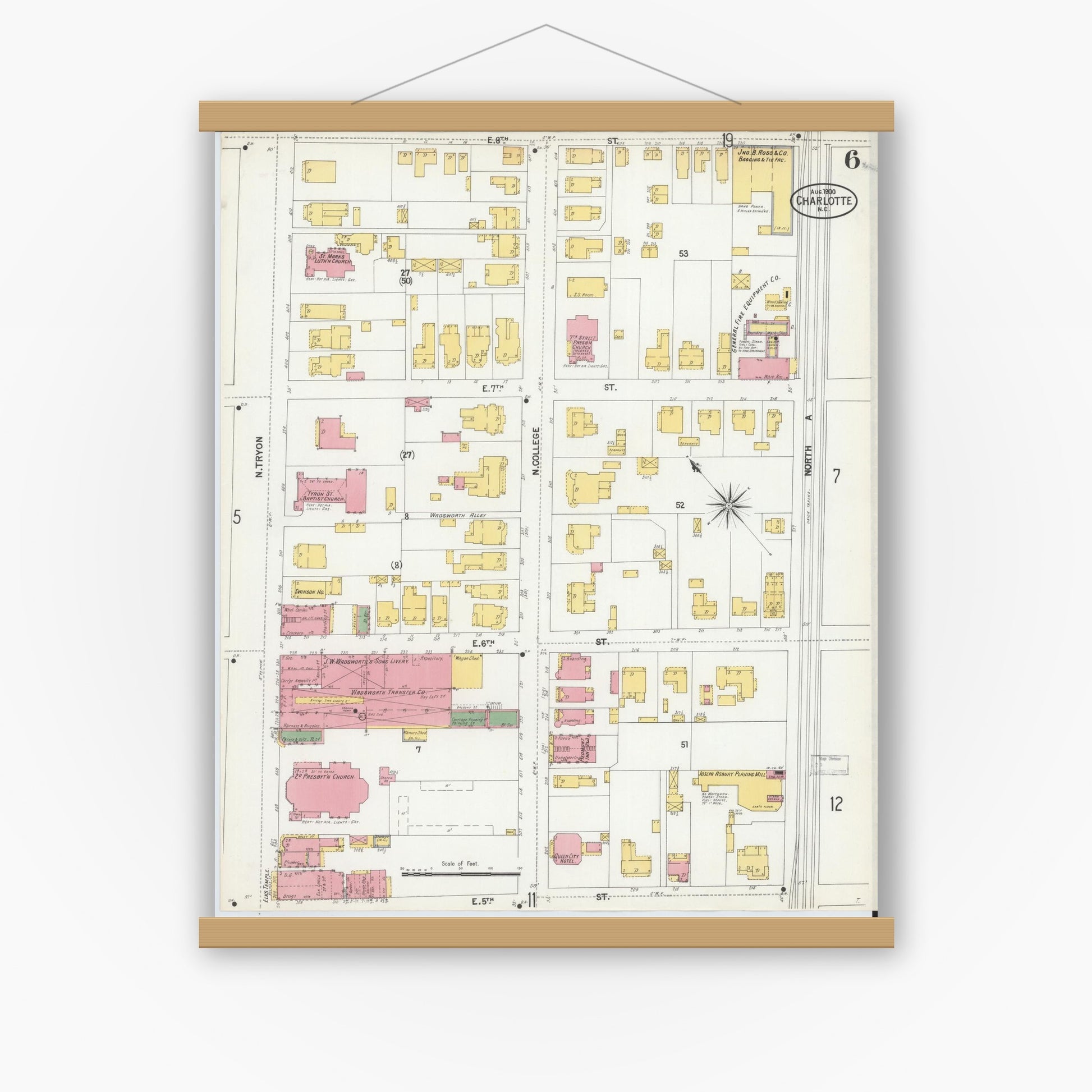 Old map wall art mockup — magnetic wood frame on white wall — Sanborn Fire Insurance Map from Charlotte, Mecklenburg County, North Carolina (1900), Sheet #0006