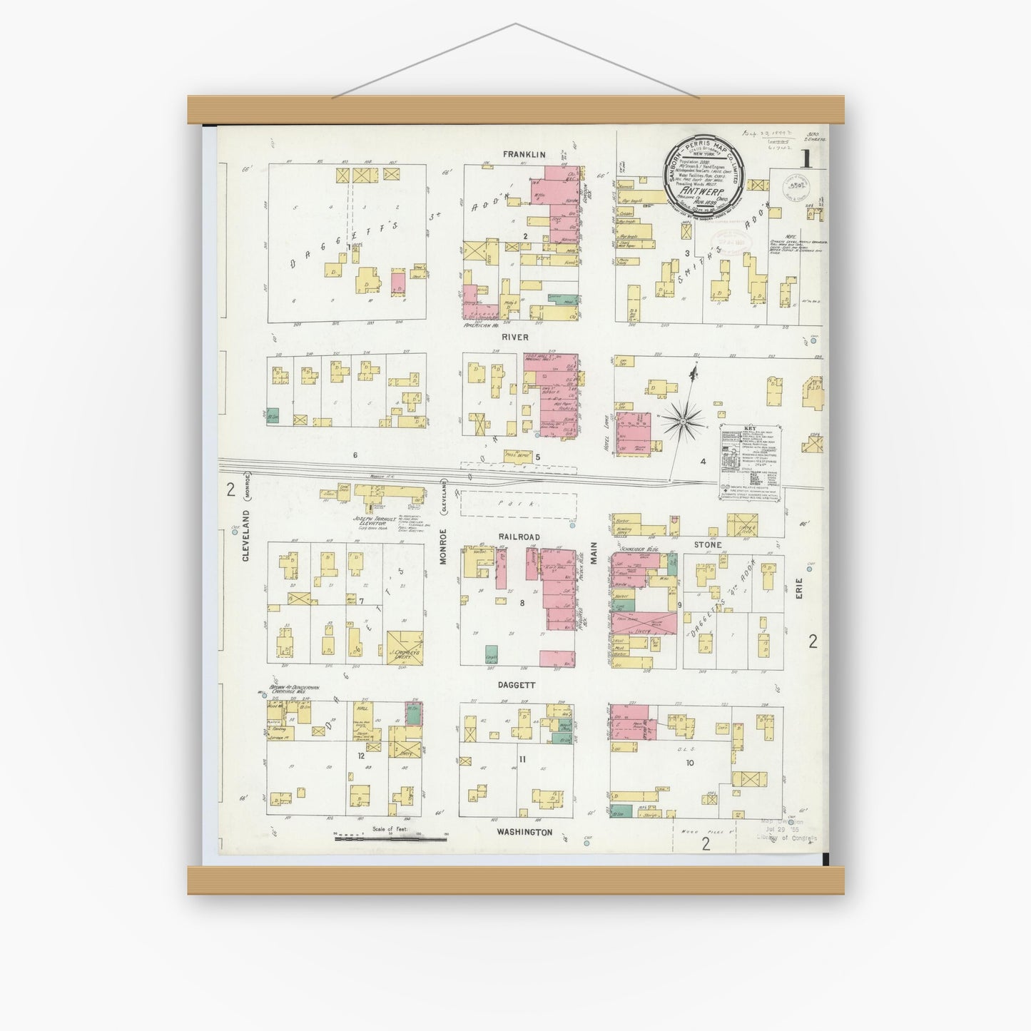 Old map wall art mockup — magnetic wood frame on white wall — Sanborn Fire Insurance Map from Antwerp, Paulding County, Ohio (1899) - Complete Map Set