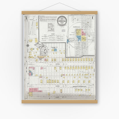 Old map wall art mockup — magnetic wood frame on white wall — Sanborn Fire Insurance Map from Center Line, Macomb County, Michigan (1927), Sheet #0001
