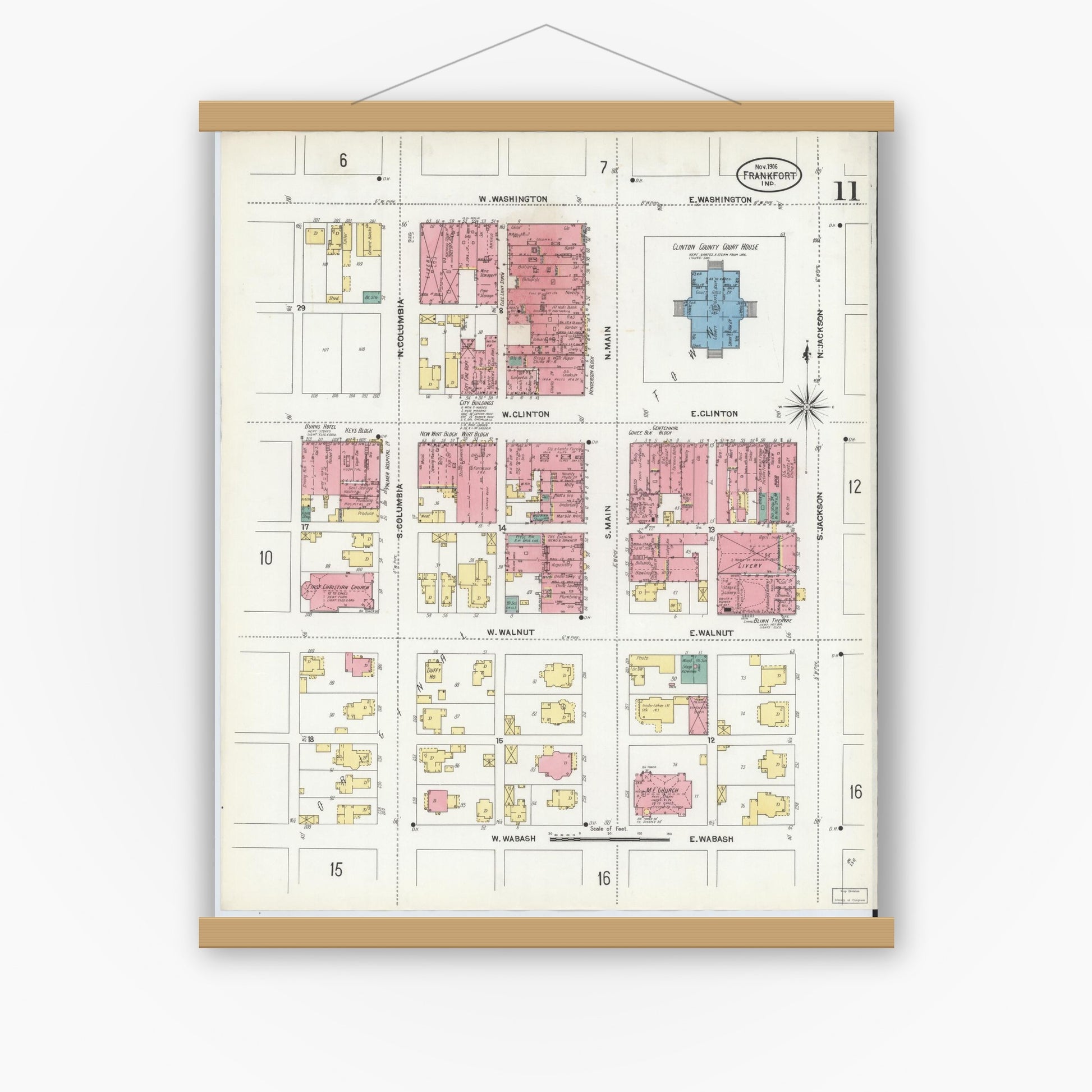 Old map wall art mockup — magnetic wood frame on white wall — Sanborn Fire Insurance Map from Frankfort, Clinton County, Indiana (1906), Sheet #0011