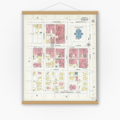Old map wall art mockup — magnetic wood frame on white wall — Sanborn Fire Insurance Map from Frankfort, Clinton County, Indiana (1906), Sheet #0011