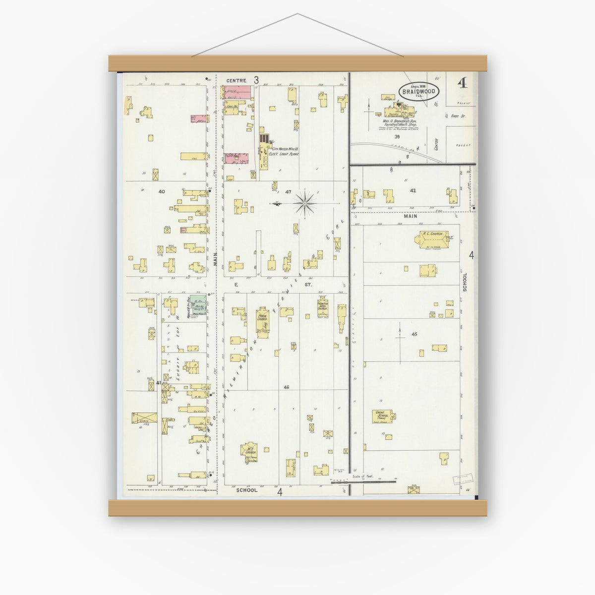 Old map wall art mockup — magnetic wood frame on white wall — Sanborn Fire Insurance Map from Braidwood, Will County, Illinois (1898), Sheet #0004