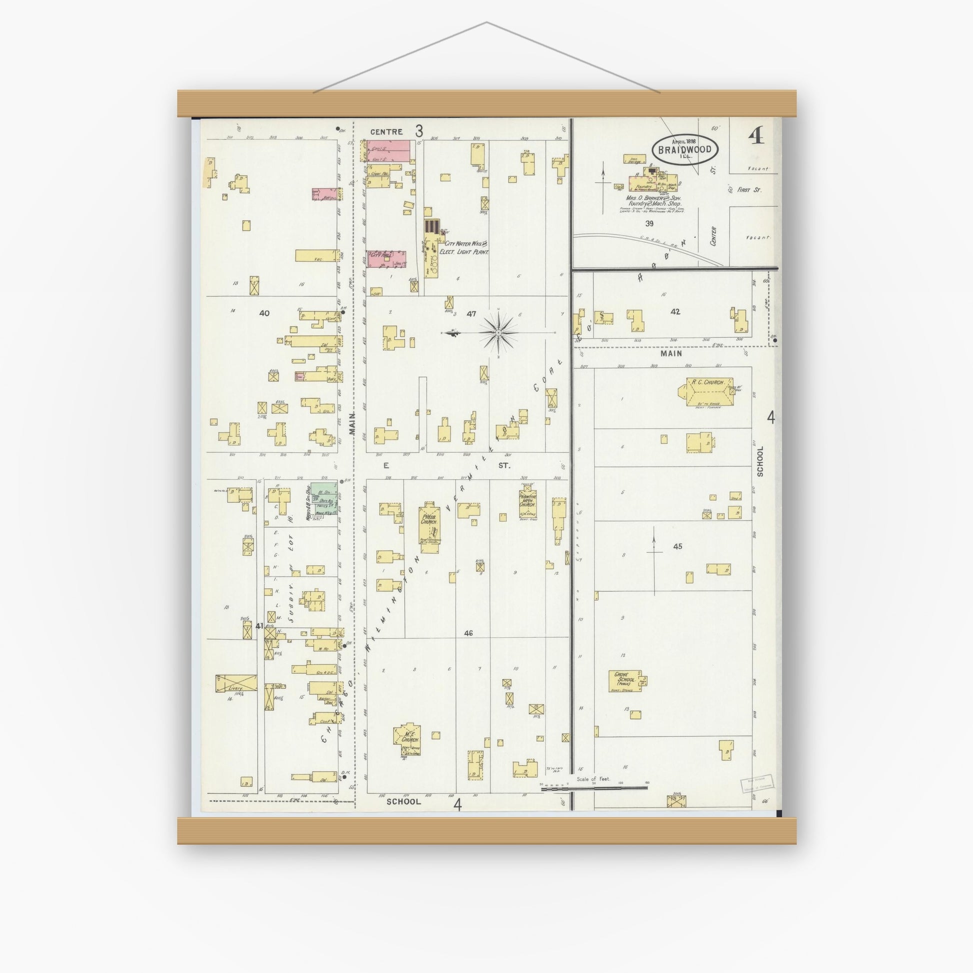 Old map wall art mockup — magnetic wood frame on white wall — Sanborn Fire Insurance Map from Braidwood, Will County, Illinois (1898), Sheet #0004