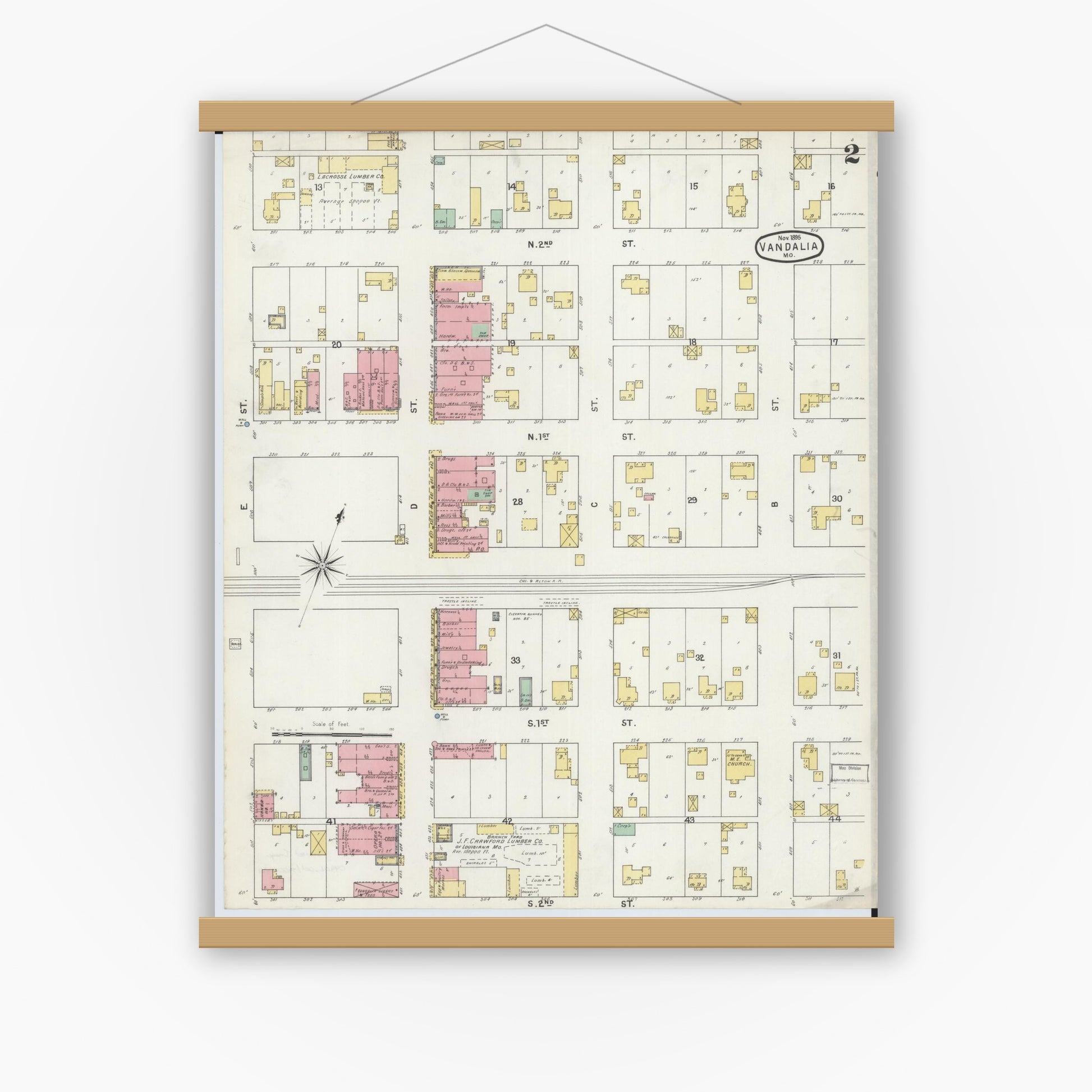 Old map wall art mockup — magnetic wood frame on white wall — Sanborn Fire Insurance Map from Vandalia, Audrain County, Missouri (1895), Sheet #0002