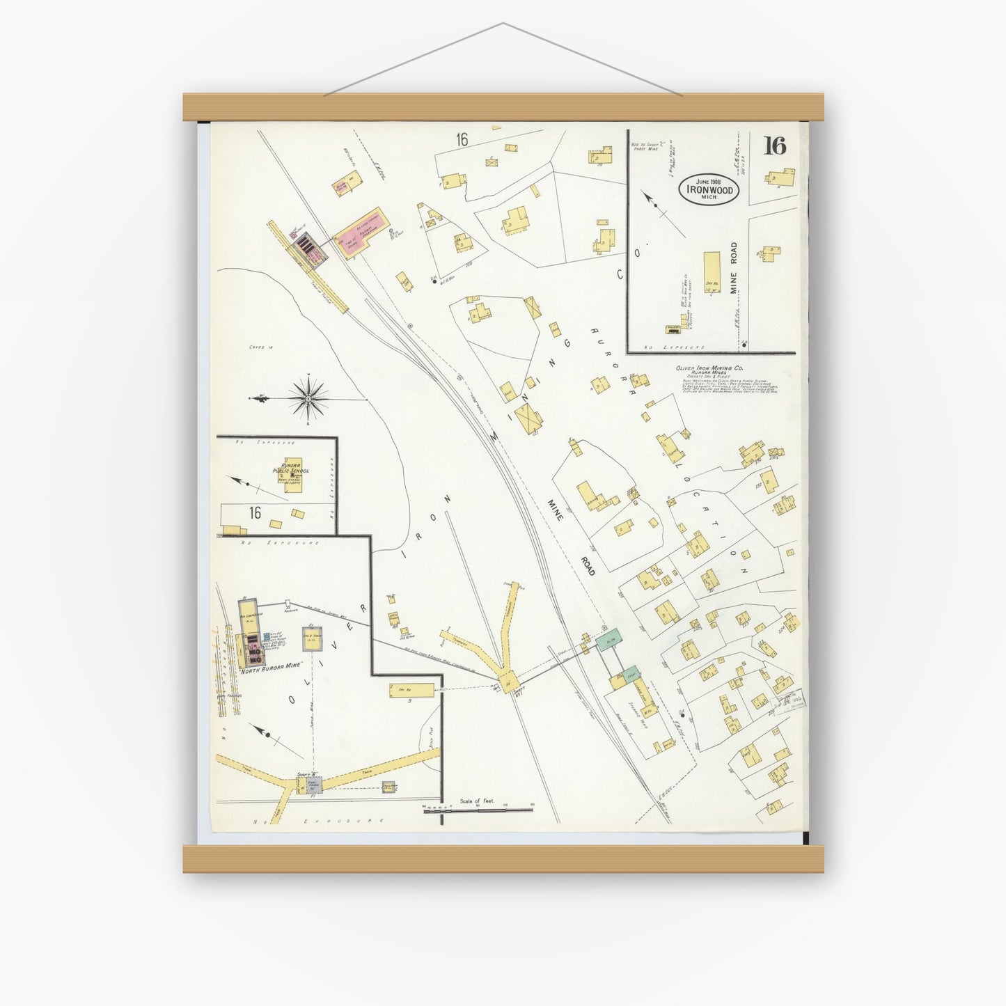 Old map wall art mockup — magnetic wood frame on white wall — Sanborn Fire Insurance Map from Ironwood, Gogebic County, Michigan (1908), Sheet #0016