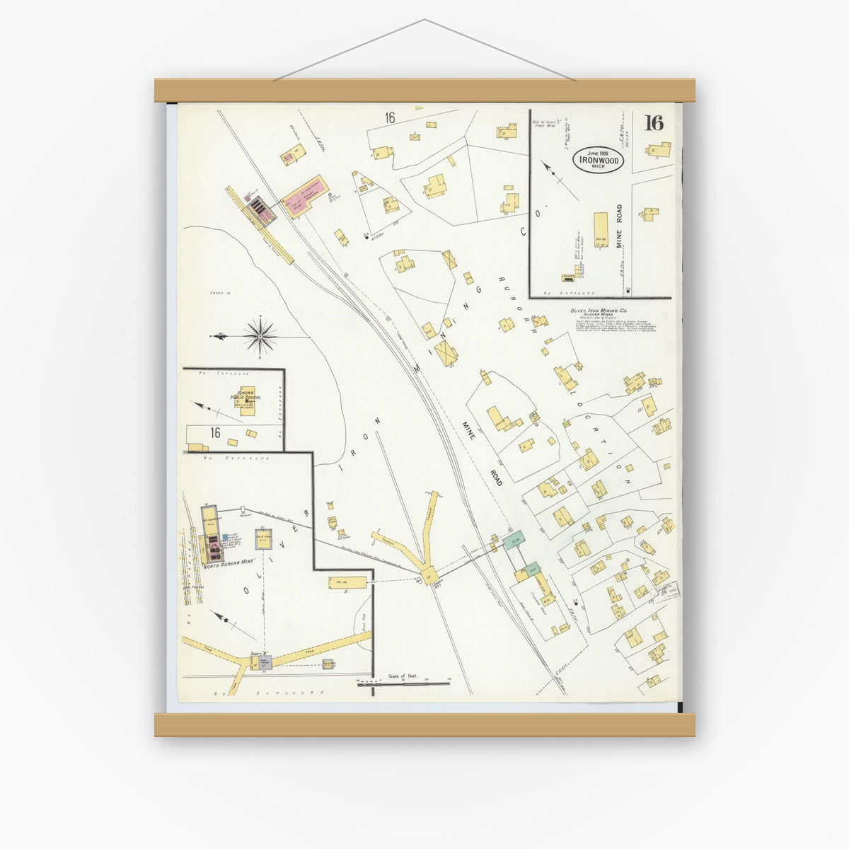 Old map wall art mockup — magnetic wood frame on white wall — Sanborn Fire Insurance Map from Ironwood, Gogebic County, Michigan (1908), Sheet #0016