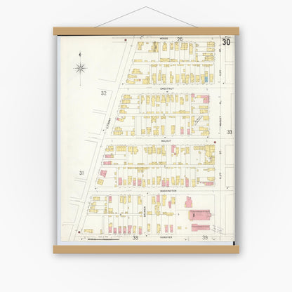 Old map wall art mockup — magnetic wood frame on white wall — Sanborn Fire Insurance Map from Hamilton, Butler County, Ohio (1899), Sheet #0030