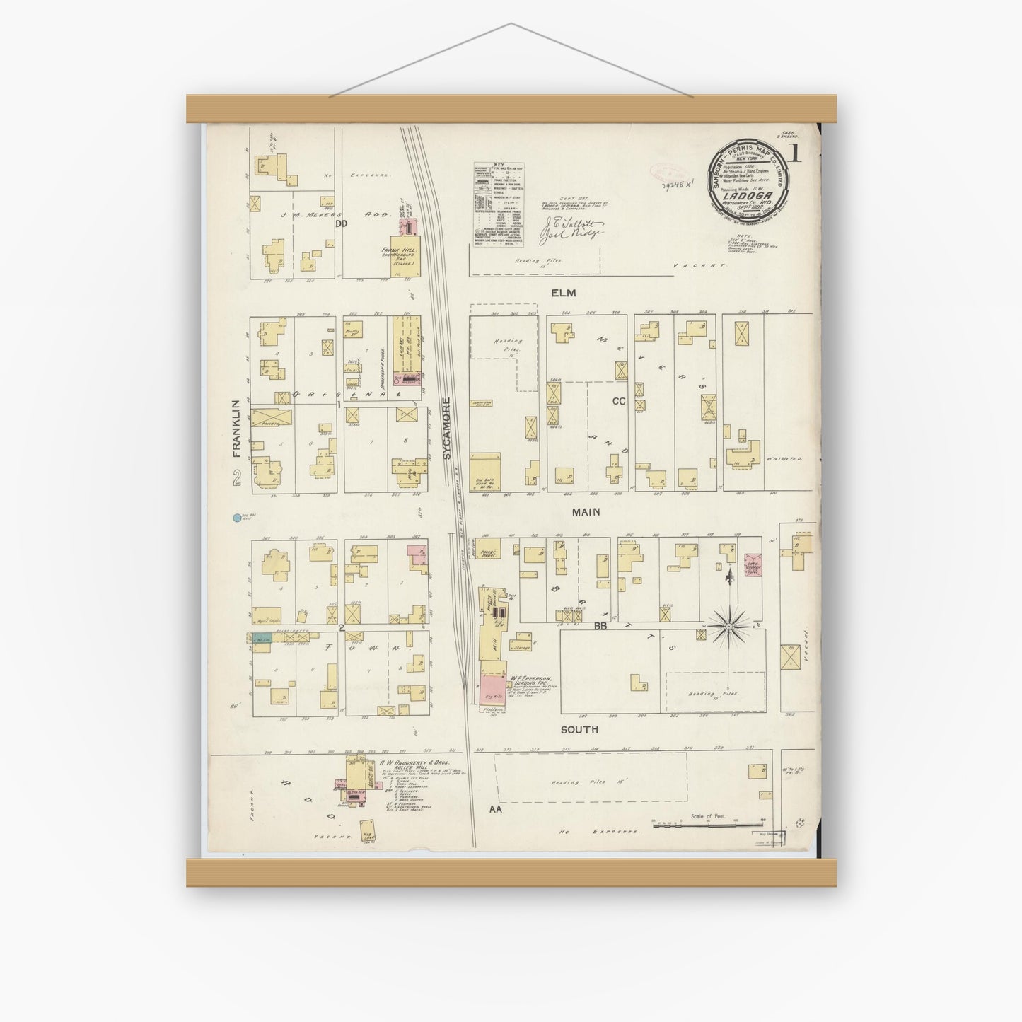 Old map wall art mockup — magnetic wood frame on white wall — Sanborn Fire Insurance Map from Ladoga, Montgomery County, Indiana (1892) - Complete Map Set