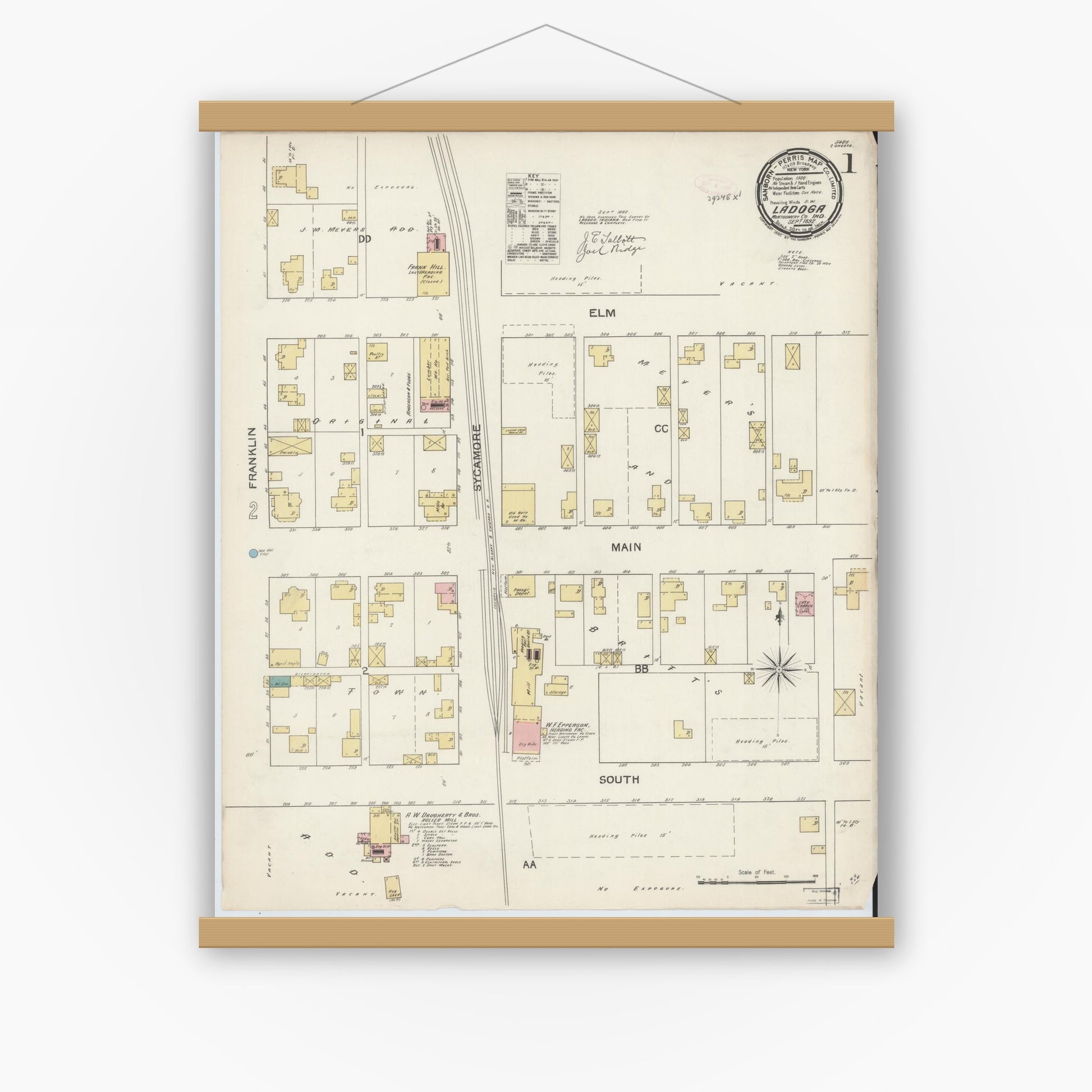 Old map wall art mockup — magnetic wood frame on white wall — Sanborn Fire Insurance Map from Ladoga, Montgomery County, Indiana (1892) - Complete Map Set