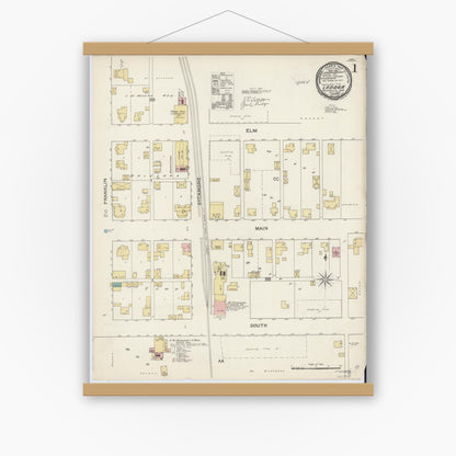 Old map wall art mockup — magnetic wood frame on white wall — Sanborn Fire Insurance Map from Ladoga, Montgomery County, Indiana (1892) - Complete Map Set