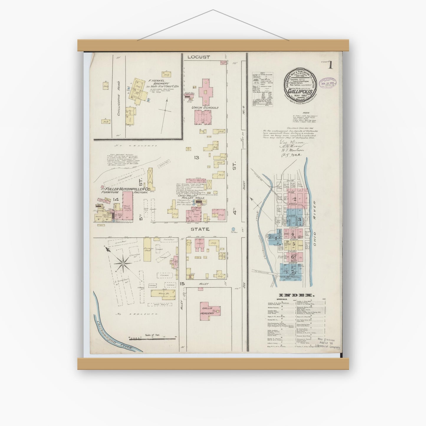 Old map wall art mockup — magnetic wood frame on white wall — Sanborn Fire Insurance Map from Gallipolis, Gallia County, Ohio (1885), Sheet #0001