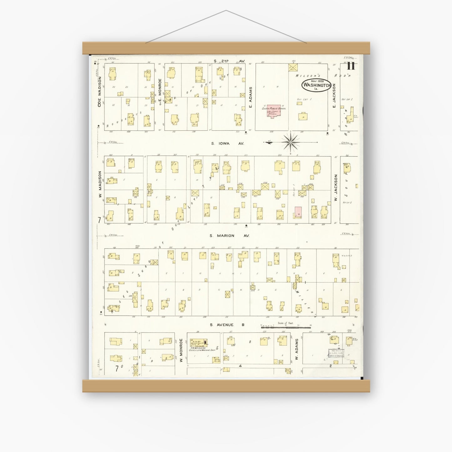 Old map wall art mockup — magnetic wood frame on white wall — Sanborn Fire Insurance Map from Washington, Washington County, Iowa (1909), Sheet #0011
