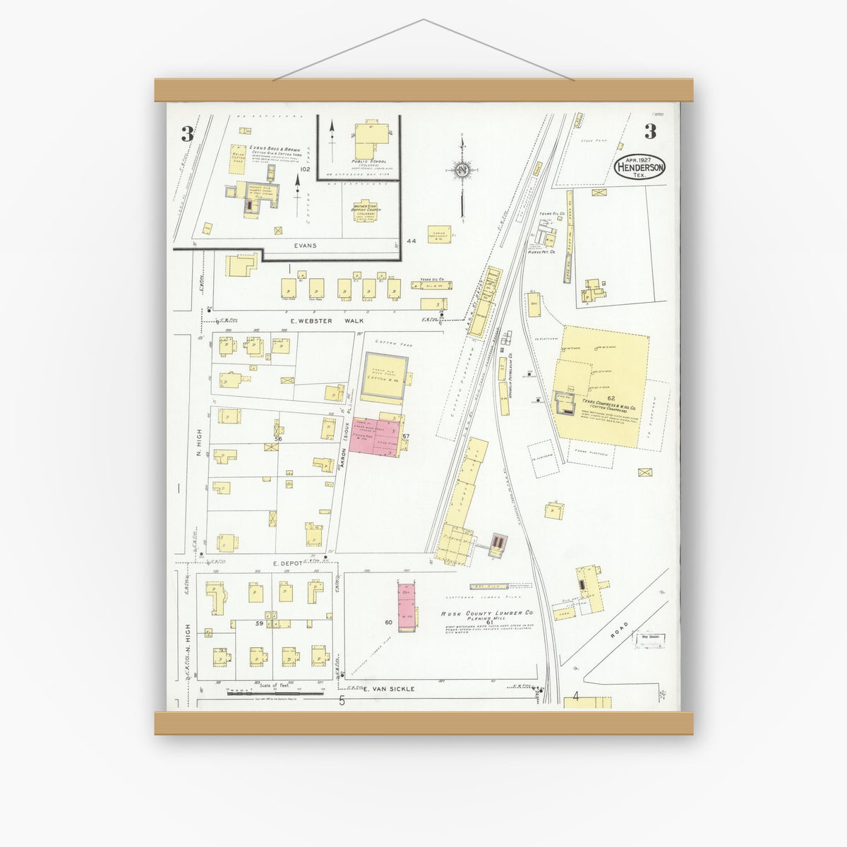 Old map wall art mockup — magnetic wood frame on white wall — Sanborn Fire Insurance Map from Henderson, Rusk County, Texas (1927), Sheet #0003