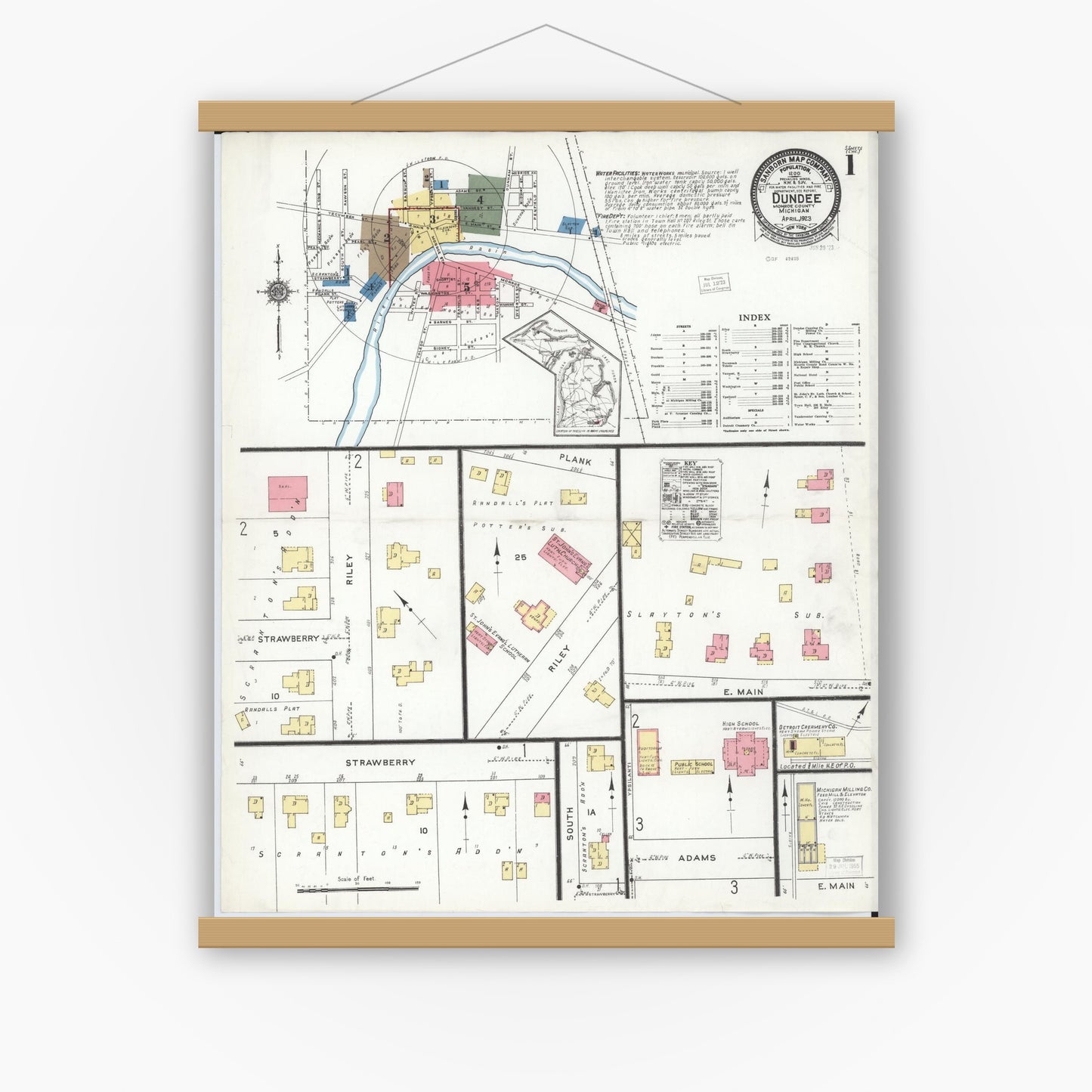 Old map wall art mockup — magnetic wood frame on white wall — Sanborn Fire Insurance Map from Dundee, Monroe County, Michigan (1923), Sheet #0001