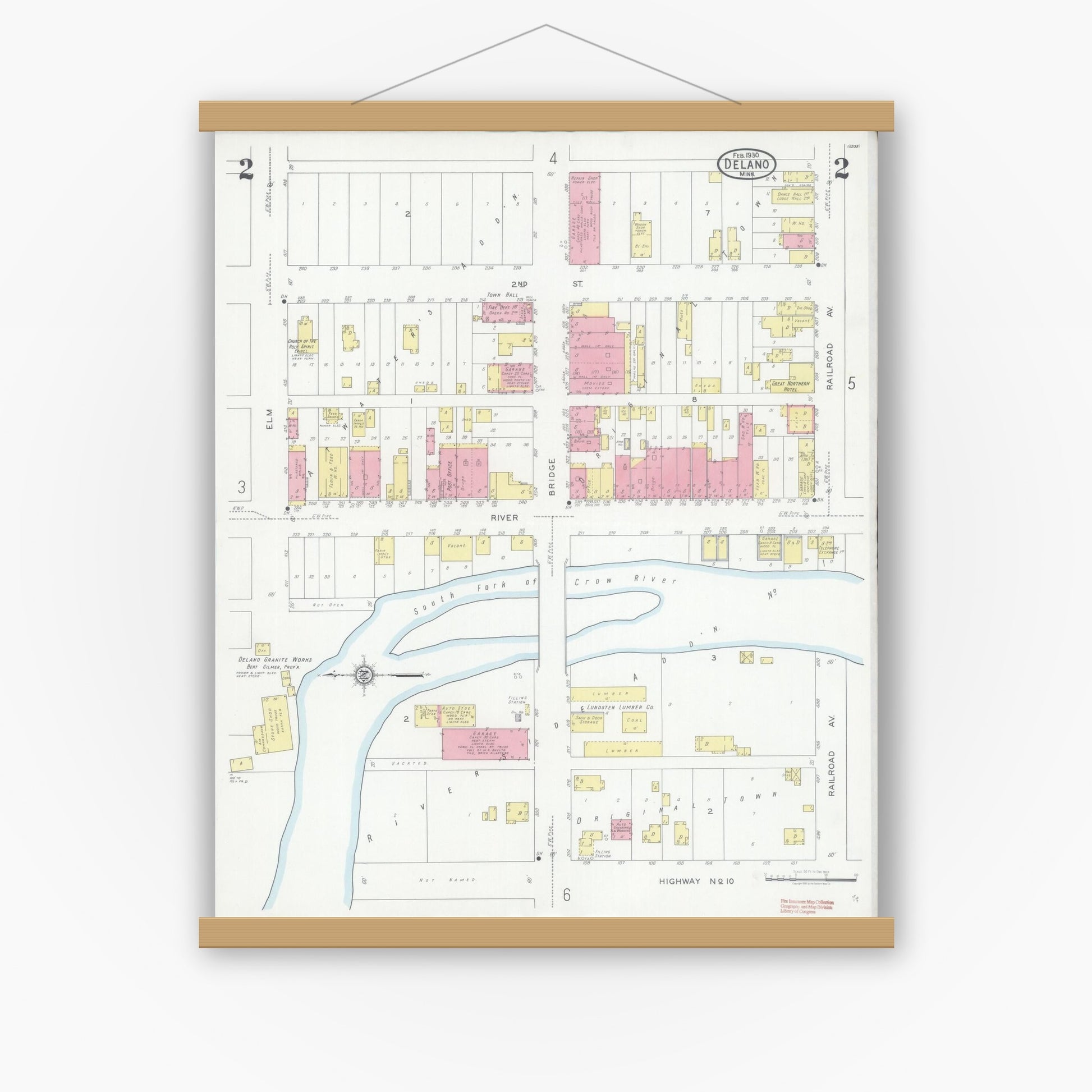 Old map wall art mockup — magnetic wood frame on white wall — Sanborn Fire Insurance Map from Delano, Wright County, Minnesota (1930), Sheet #0002