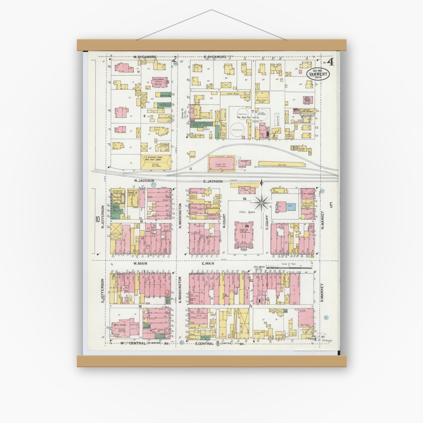 Old map wall art mockup — magnetic wood frame on white wall — Sanborn Fire Insurance Map from Van Wert, Van Wert County, Ohio (1901), Sheet #0004