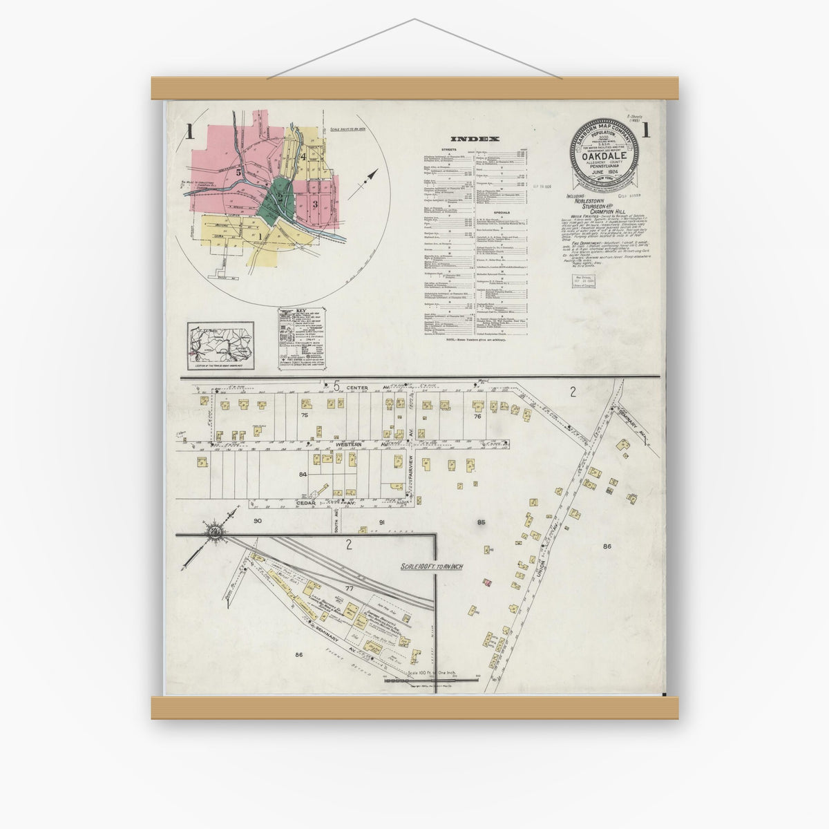 Old map wall art mockup — magnetic wood frame on white wall — Sanborn Fire Insurance Map from Oakdale, Allegheny County, Pennsylvania (1924) - Complete Map Set