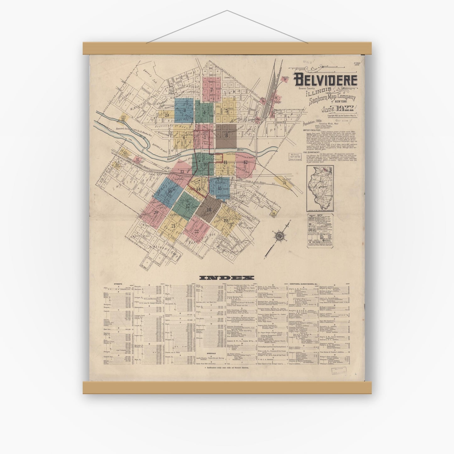 Old map wall art mockup — magnetic wood frame on white wall — Sanborn Fire Insurance Map from Belvidere, Boone County, Illinois (1922), Sheet #0001