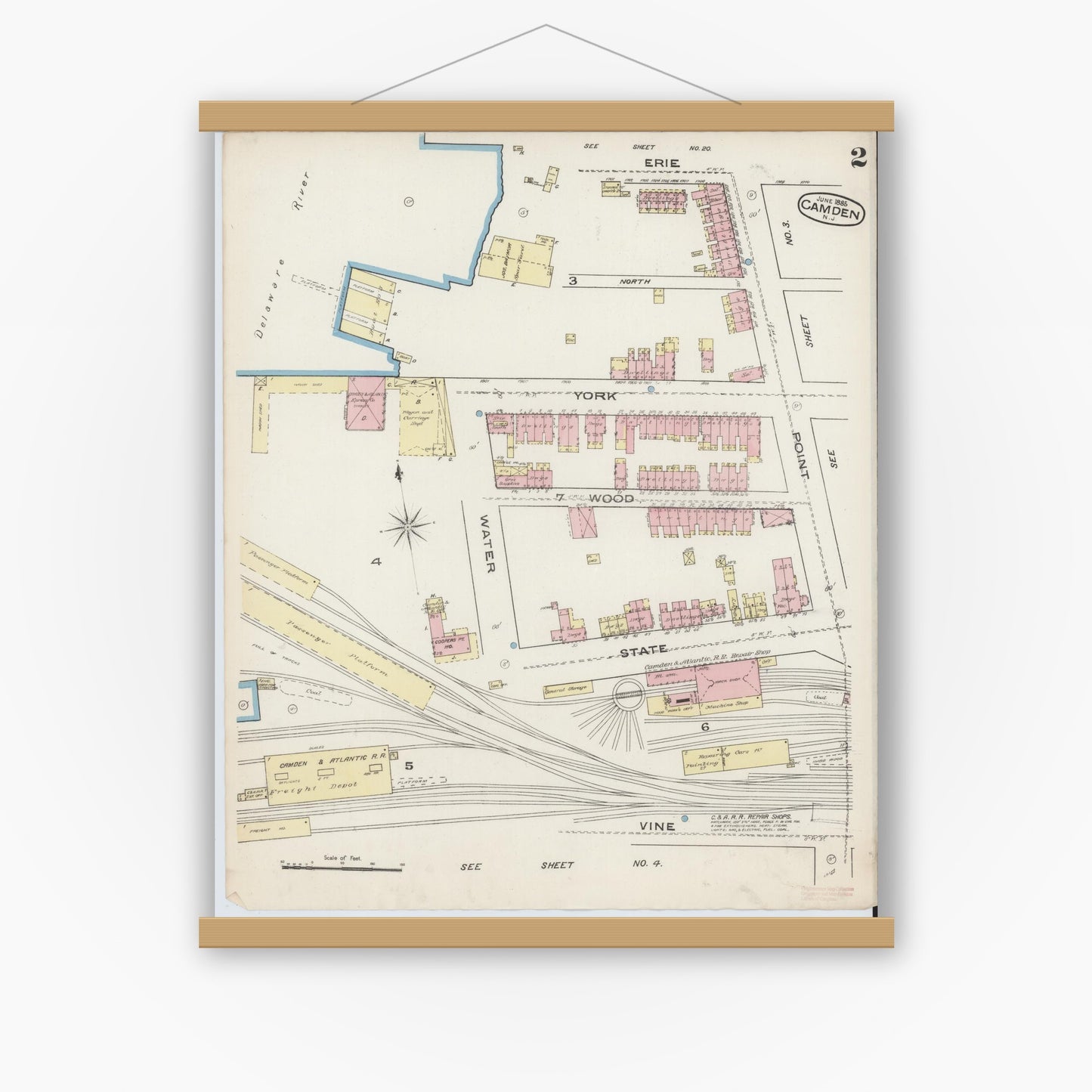 Old map wall art mockup — magnetic wood frame on white wall — Sanborn Fire Insurance Map from Camden, Camden County, New Jersey (1885), Sheet #0002