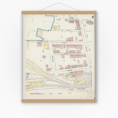 Old map wall art mockup — magnetic wood frame on white wall — Sanborn Fire Insurance Map from Camden, Camden County, New Jersey (1885), Sheet #0002