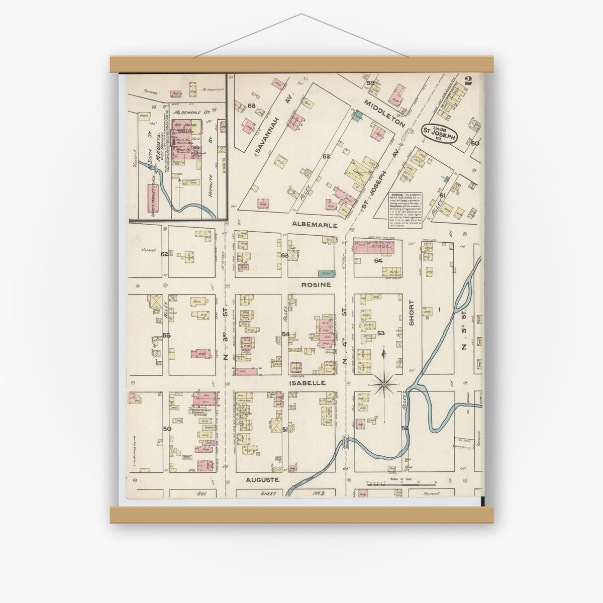 Old map wall art mockup — magnetic wood frame on white wall — Sanborn Fire Insurance Map from Saint Joseph, Buchanan County, Missouri (1883), Sheet #0002