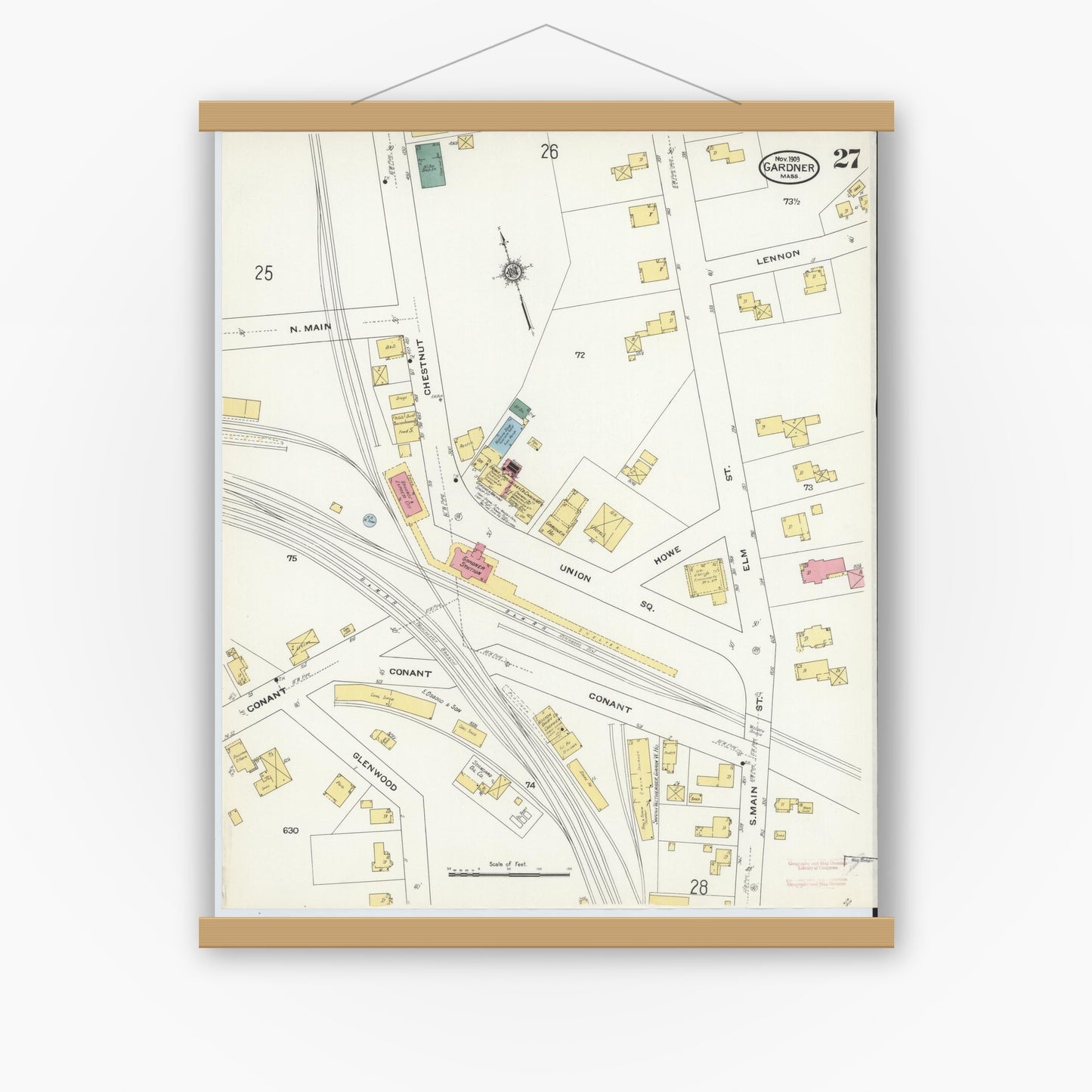 Old map wall art mockup — magnetic wood frame on white wall — Sanborn Fire Insurance Map from Gardner, Worcester County, Massachusetts (1909), Sheet #0027