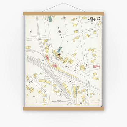 Old map wall art mockup — magnetic wood frame on white wall — Sanborn Fire Insurance Map from Gardner, Worcester County, Massachusetts (1909), Sheet #0027