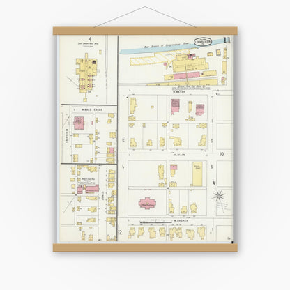 Old map wall art mockup — magnetic wood frame on white wall — Sanborn Fire Insurance Map from Lock Haven, Clinton County, Pennsylvania (1896), Sheet #0011