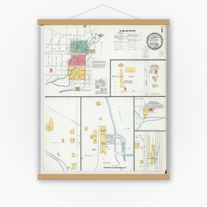 Old map wall art mockup — magnetic wood frame on white wall — Sanborn Fire Insurance Map from Buchanan, Berrien County, Michigan (1900) - Complete Map Set