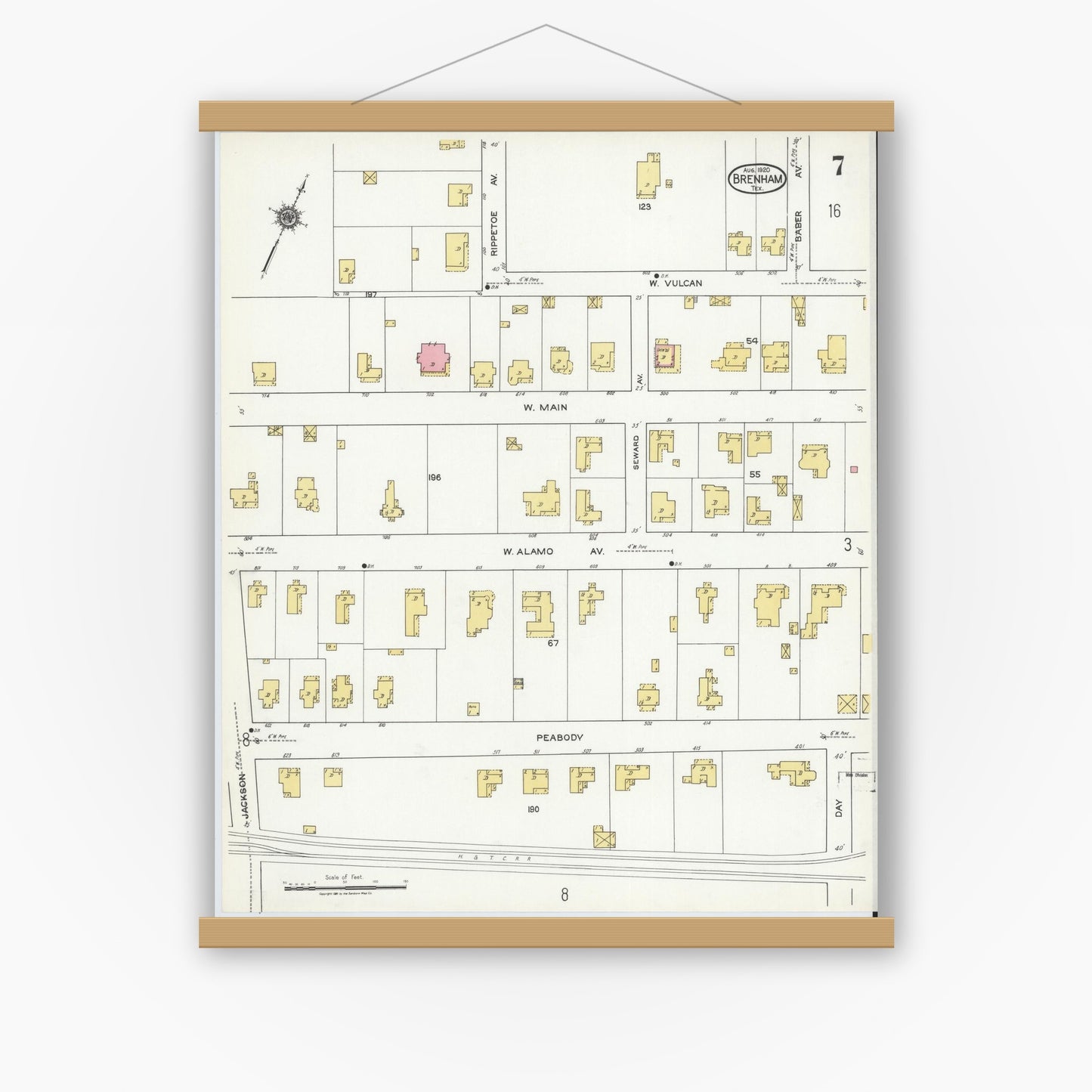 Old map wall art mockup — magnetic wood frame on white wall — Sanborn Fire Insurance Map from Brenham, Washington County, Texas (1920), Sheet #0007