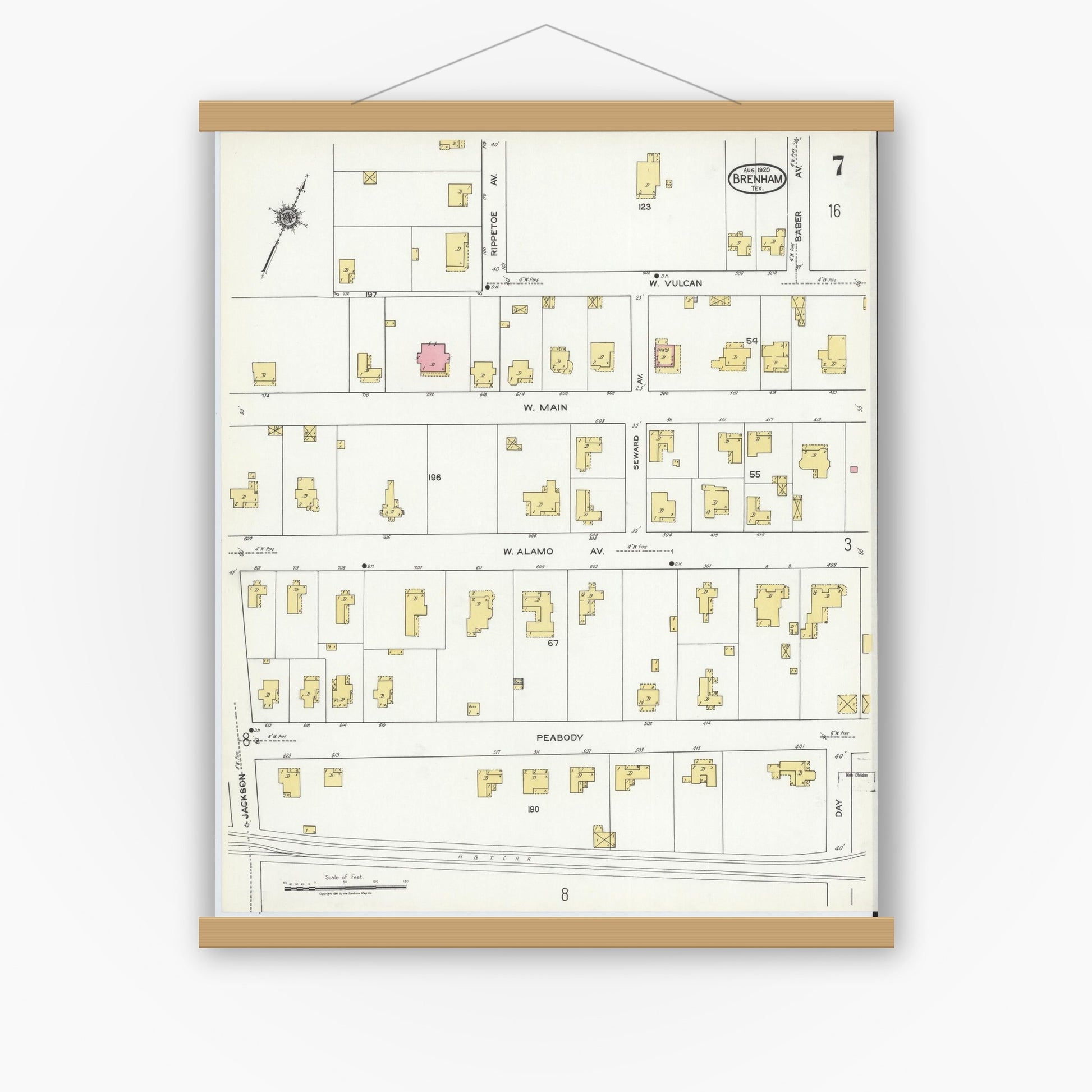 Old map wall art mockup — magnetic wood frame on white wall — Sanborn Fire Insurance Map from Brenham, Washington County, Texas (1920), Sheet #0007